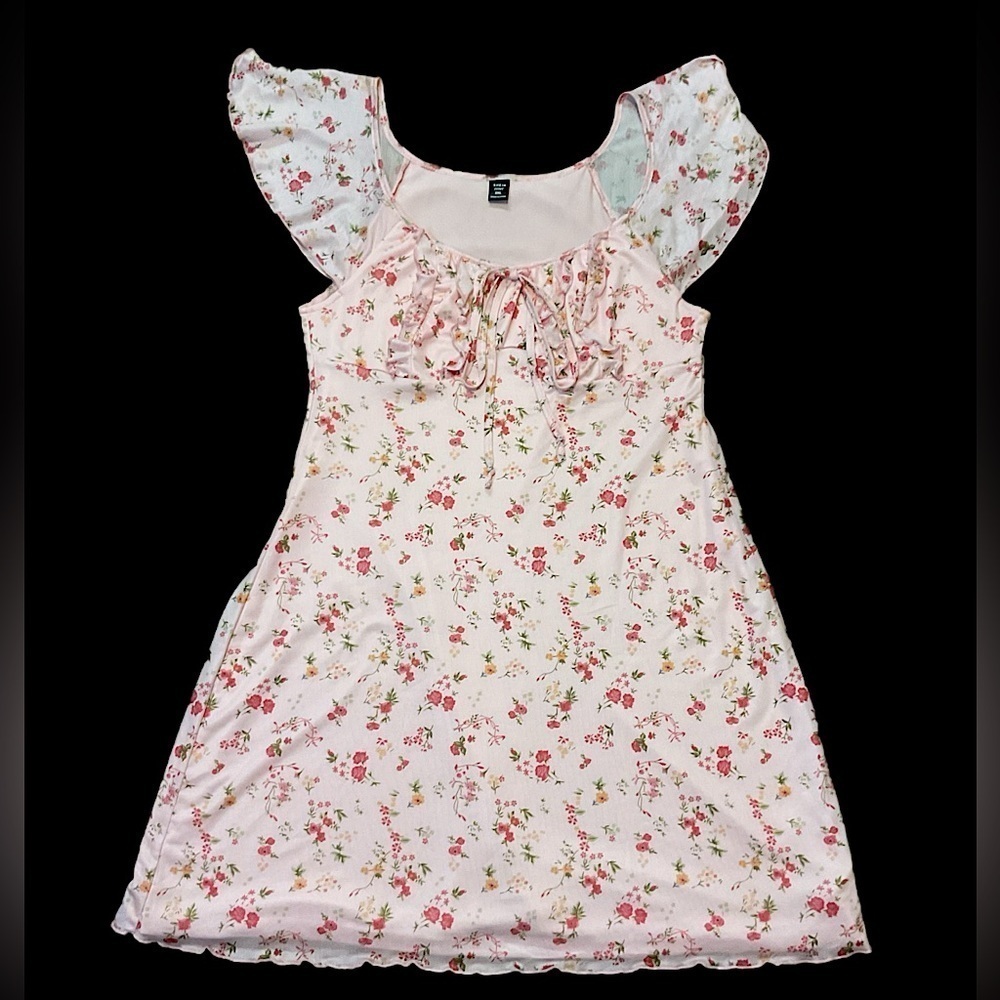 Floral blush Pink Dress Ruffle babydoll sheer short sleeve ruched